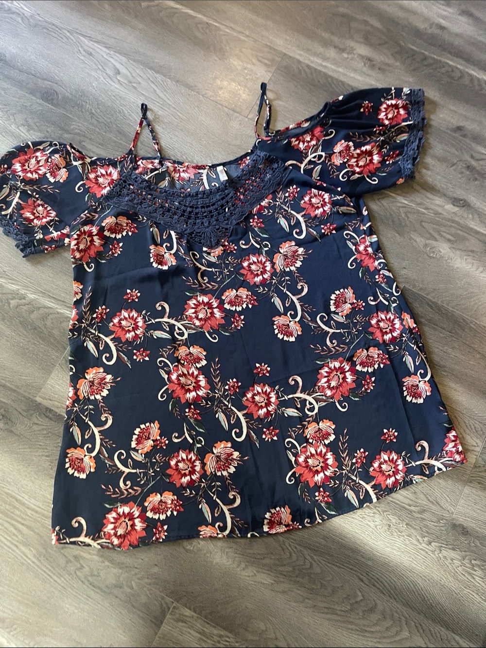 Xhilaration Navy Floral Cold-Shoulder dress  with Crochet Trim